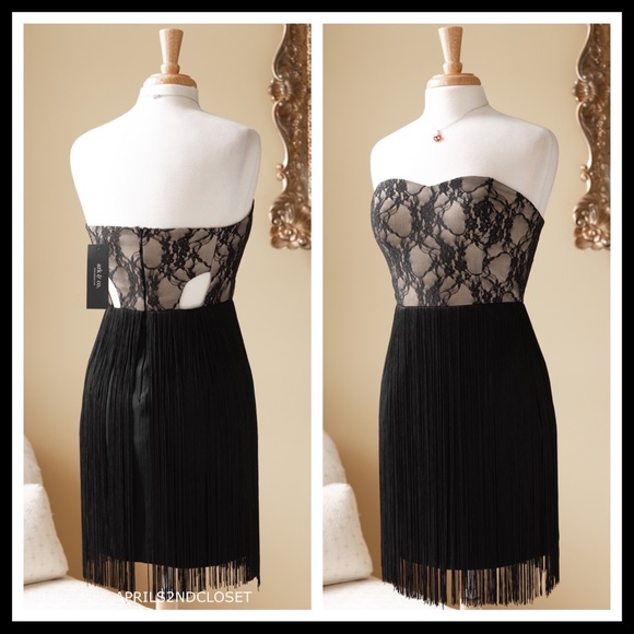 STRAPLESS BUSTIER BLACK LACE BOHO FRINGE DRESS A3C - Picture 3 of 8